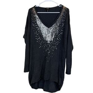 Nicole by Nicole Miller Womens Sz M Gray Sequin High Low V-Neck Pullover Sweater